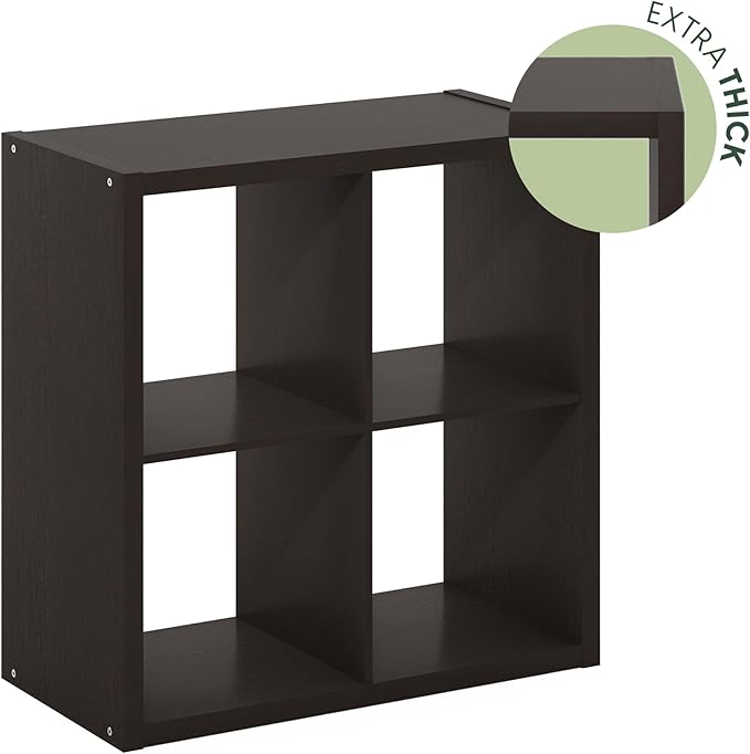 Furinno CUBICLE Book Shelf, 4-Cube Bookshelf, Extra Thick Frame Reversible Bookcase with Open Back, 14.6" x 30" x 30", for Living Room, Bedroom, Home Office, Black Dark Oak