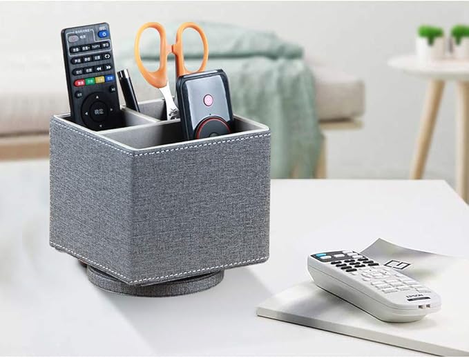 YAPISHI Remote Control Holder, 360° Swivel TV Remote Holder for Table, PU Leather Remotes Caddy, Nightstand Organizer for Media Controllers/Makeup/Office Supplies, Bedside Decorations for Living Room