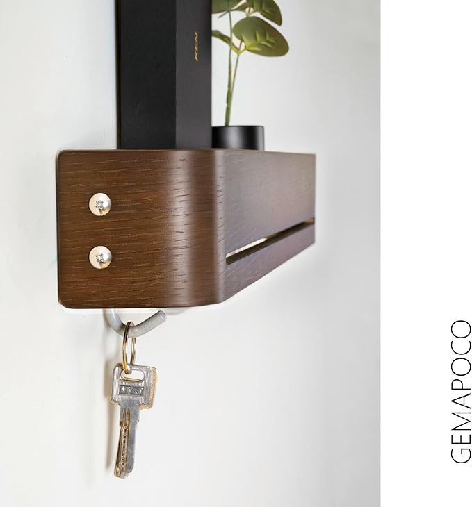 GEMAPOCO® Key Holder Wall Mount with 5 Retractable Hooks,17-Inch Finland-Designed Key Hanger with Shelf, Modern Coat Rack Wall Mount,Minimalist Space-Saving Entryway & Hallway Furniture - Walnut Brown