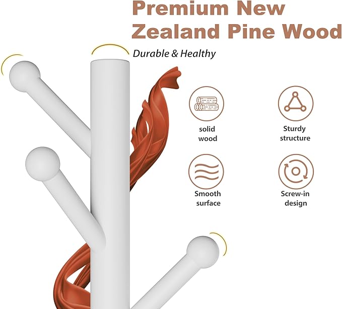 Coat Rack, Coat Racks Freestanding with 8 Hooks 3 Adjustable Heights for Clothes, Hats, Handbags, Coat Tree Easy Assembly for Entryway, Bedroom, Hallway, Office(White)