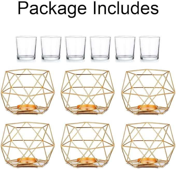 Hewory Geometric Tealight Candle Holders Gold, Modern Metal Geo Wedding Centerpieces for Table, Votive Candle Stand Accent for Tea Light for Home Shelf Mantel Christmas Birthday Party Decor, 6pcs