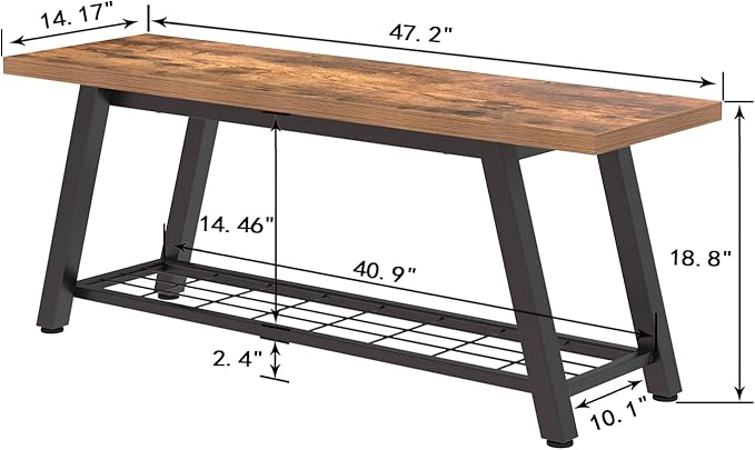 Oastreeful Storage Bench Industrial Rustic Wooden and Metal Entryway Shoe Boots Storage Rack Long Bench Seat for Hallway Bedroom Retro Brown Farmhouse Style