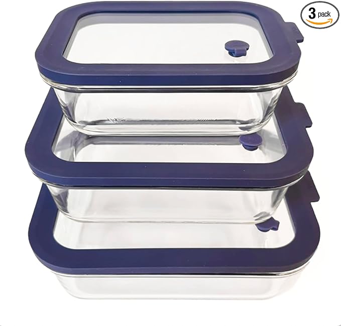 Sio GLASS storage containers with GLASS lids, NO PLASTIC, Set of 3, Airtight Small Medium Large for Food Meal Prep, Silcone Bowl Container (Blue)