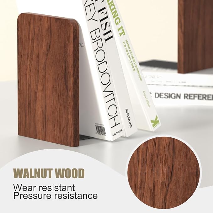Book Ends, Non-Slip Bookends, Heavy Duty Wooden Bookend Support for Books and Movies (20, Square bookends)