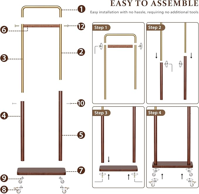 Taitiy Clothes Rack Solid Wood Coat Rack, Metal and Solid Wood Combination Clothing Rack with Wheels for Entryway, Bedroom, Living Room, Coat Racks Freestanding for Hanging Clothes Garment Scarf