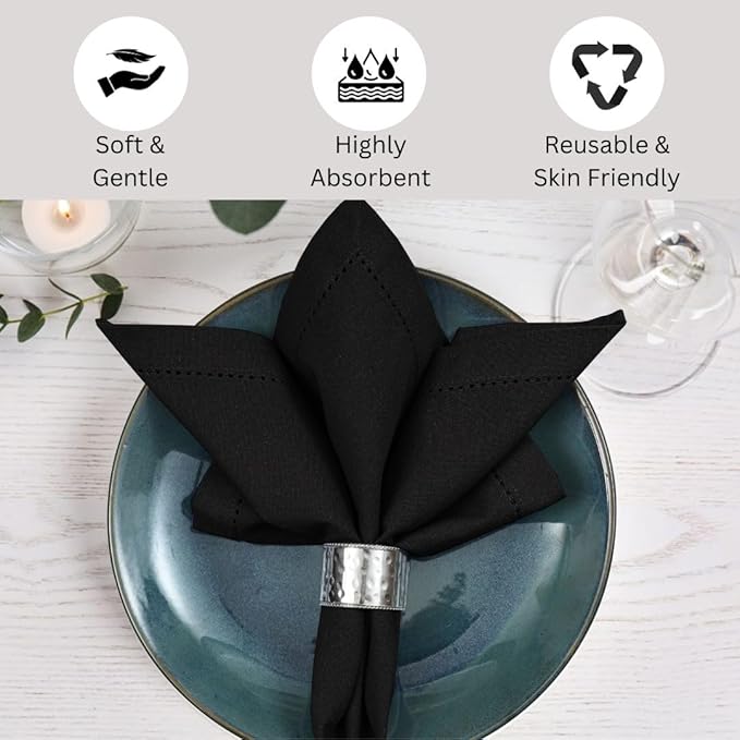 Hemstitch Cloth Dinner Napkins 100% Cotton Set of 12 - for Dining Special Occasions Weddings Parties Holidays Easter - Soft Durable Reusable - 18x18 Inch Table Cloth Napkins Black