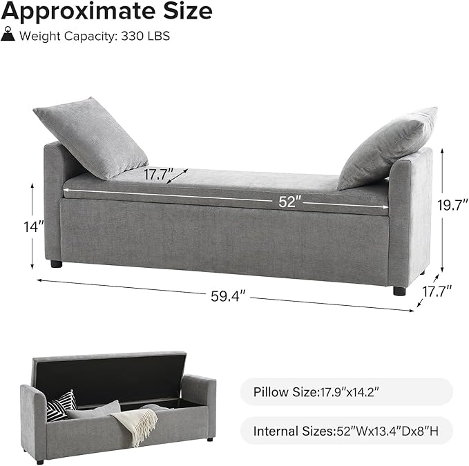 EcoHarbor Storage Ottoman Bench with Pillows, 59.4" End of Bed Bedroom Bench with Arms, Footrest Stool for Living, Dining Room, Entryway and Hallway, Grey