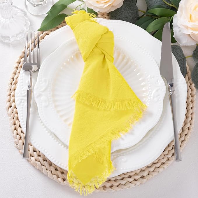 DeZerlor 12 Pack Lemon Yellow Cotton Linen Napkins with Fringe Summer Cloth Napkins Set of 12 Boho Handmade Dinner Napkins Bulk for Wedding Bridal Baby Shower Parties, 17 x 17 Inches