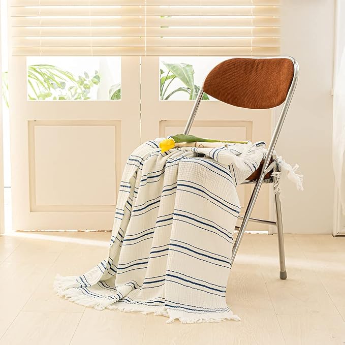 Simple&Opulence Yarn Dyed Striped Cotton Muslin Throw Blanket for Bed, Couch, Knit Woven Blanket with Tassels Soft Lightweight Cozy Pre-Washed Breathable Farmhouse Decoration for All-Season(Blue)