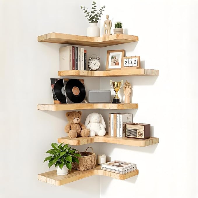 Floating Corner Shelves, Wall Shelf Set of 5, Shelves for Wall Storage, Solid Wood Shelves for Storage, Wall Mount Wooden Display Shelf for Bathroom Bedroom Kitchen Garage (Light 5 Pcs)