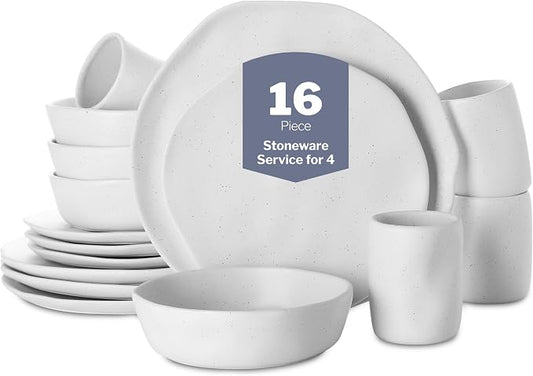 Stone by Mercer Project HEKONDA Modern Debossed Stoneware 16-Piece Dinnerware Set, Plate and Bowl Set, Dish Set for 4, White Speckled