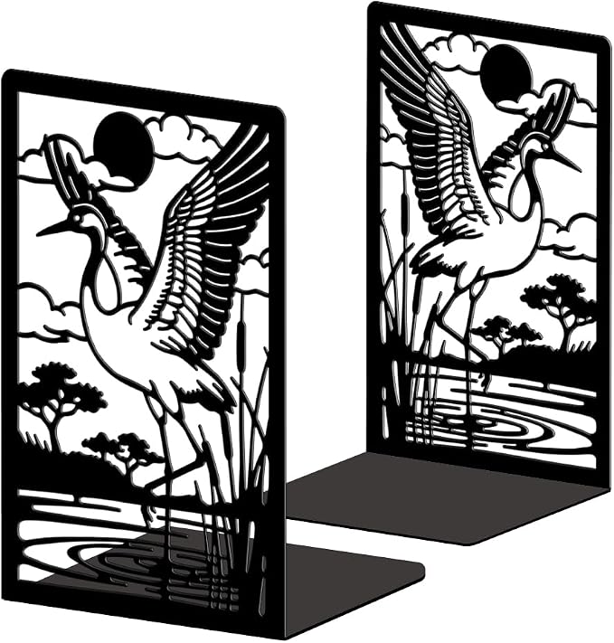 Peacoblue Metal Bookends for Shelves, Modern Decorative Heavy Duty Study Book Ends Stoppers for Office Desk Shelf, Room 5.3"x4.3"x7.9" Cast Iron Tall Bookends 1 Pair (Cranes by Pond with Reeds)