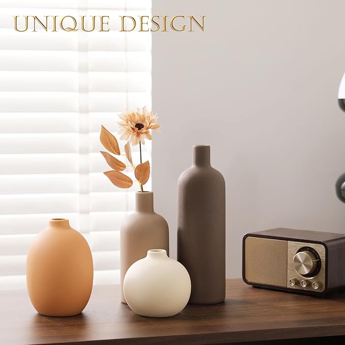 Joeabor Ceramic Vase Set of 4 - Handcrafted Ceramic Vases for Home Decor & Shelf - Modern Farmhouse Decor for Kitchen, Office, Bedroom & Living Room Decorative Objects for Mantel, Table Centerpieces