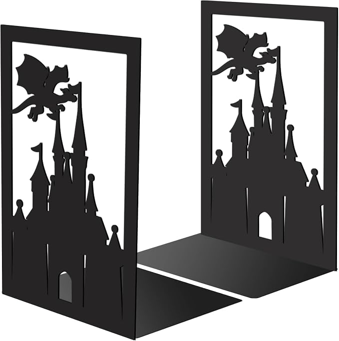 CRASPIRE 2Pcs Metal Bookends Stopper Heavy Duty Study Non-Skid Black Decorative Shelves Castle Dragon Organizer 7x4.7x3.5In Book Storage Holder Stand Book Ends Support Books for Home Office Room Desk