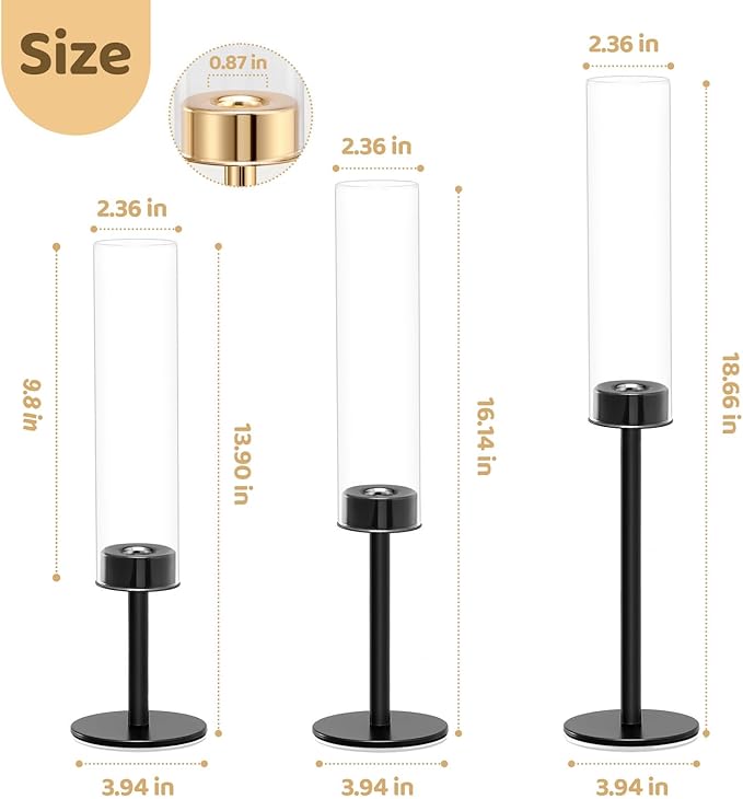 Black Hurricane Glass Candle Holders Set of 3, Tall Metal Taper Candle Stick Holder, Clear Candlestick Holders, Table Centerpieces Decor for Dining Dinner, Weddings, Christmas Fireplace Decorations