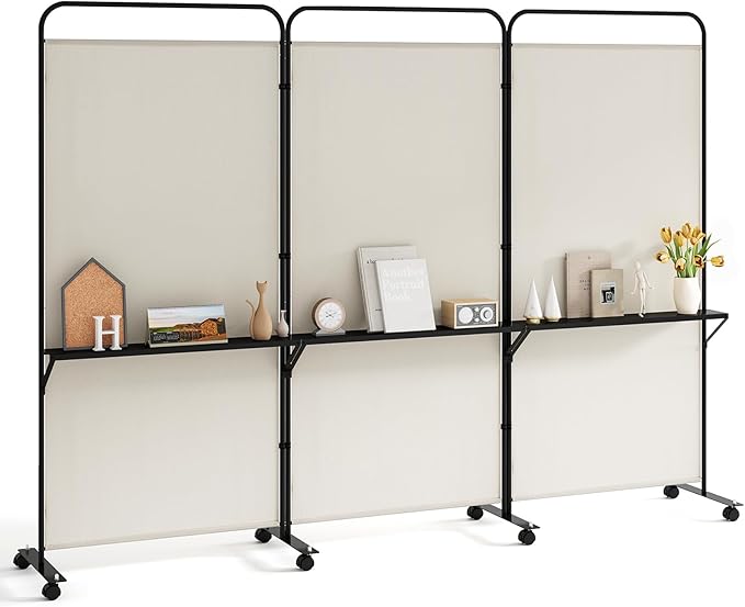 Giantex 3 Panel Room Divider with Wheels and Shelves, 103" W x 74" H Folding Privacy Screen, Rolling Partition Separator for Home Office Studio, Fabric Wall Divider for Room Separation (Beige)