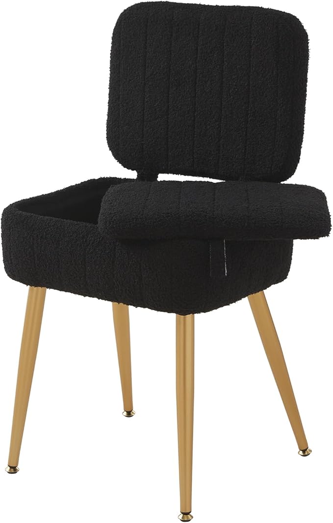 Updated Vanity Chair, Storage Ottoman with Folding Back & Gold-Toned Metal Legs, Ottoman Seat with Teddy Velvet for Dressing Room Living Room Bedroom, 16" x 12.5" Inch