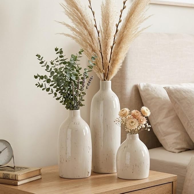 Ceramic Vase Set of 3, Small White Vases Home Decor, Pottery Rustic Farmhouse Decorative Vases with Wide Mouth, Modern Decor for Table Mantel Entryway Bookshelf Living Room Kitchen