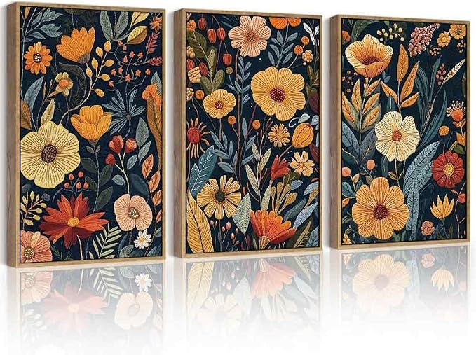 PHOPAGO Vintage Flower Framed Wall Art 16x24in Set Boho Colorful Floral Wall Decor Retro Botanical Wildflower Modern Art Prints Room Decor - Natural Framed