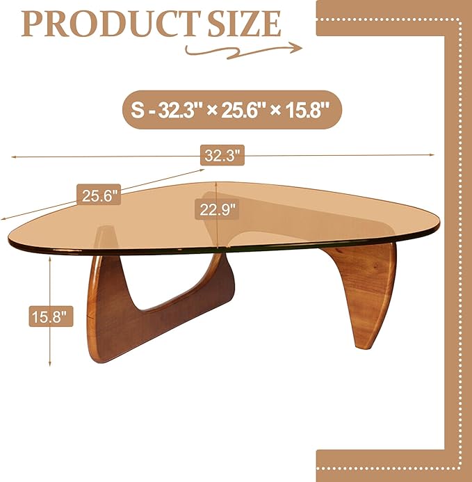 Glass Coffee Table Mid Century Modern Small Coffee Table with Tempered Glass Top & Solid Wooden Base, Abstract Brown Walnut Center Tea Tables for Living Room Home Office