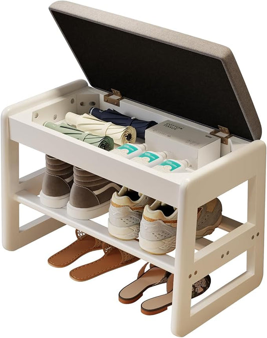 AQIMUELE Shoe Rack Bench,2 Tiers Shoe Bench with Storage with Flip-Top,Wood Shoe Rack for Entryway,Hallway（White Upholstered Seat,11.8" D x 23.62" W x 15.7" H）