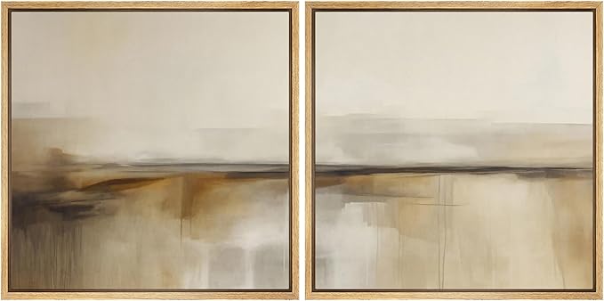 SIGNFORD Framed Canvas Print Wall Art Set Neutral Abstract Horizon Beige and Brown Illustrations Modern Art Minimal Relax/Calm for Living Room, Bedroom, Office - 24"x24"x2 Natural
