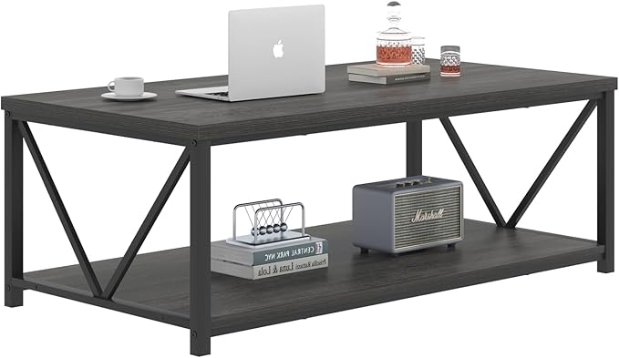 FOLUBAN Coffee Table with Storage, Modern Small Center Tables for Small Spaces, Rustic Wood and Metal Cocktail Table for Living Room, 39.3 Inch Dark Gray