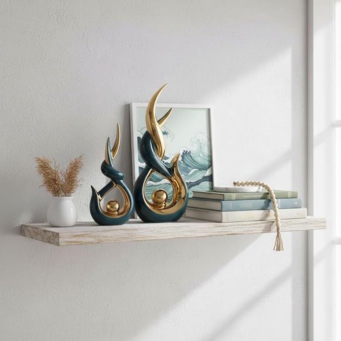 Teal Gold Ceramic Abstract 2 Piece Statue Set,Mid Century Modern Abstract Art Home Decor Statue Mantelpiece on Unique Shelf Decor, TV Cabinet Divider Table top and Dining Table Centerpiece (Green)