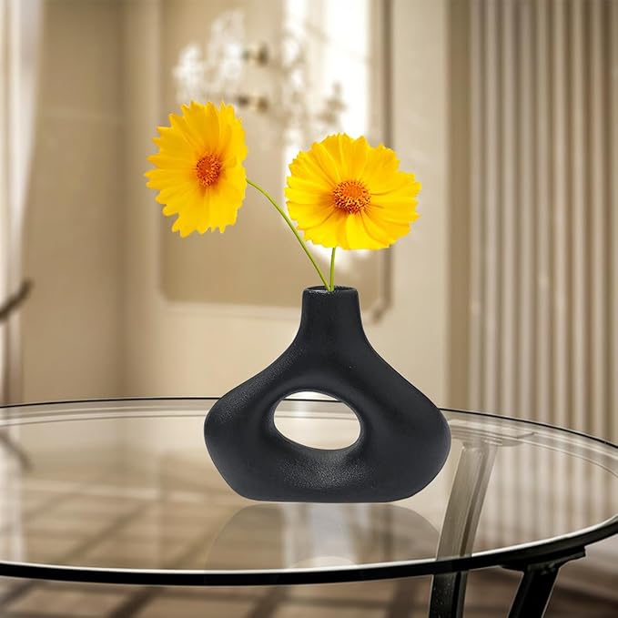 Flower Vase Set of 2 Matte Black Ceramic Donut Vases for Unique Table Centerpieces, Aesthetic Decorative Vases for Home, Office, Wedding, Bookshelf, Console, Entryway, Living Room
