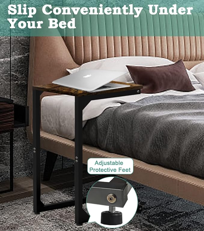 Artigarden C Shaped End Table, Side Tables Couch TV Tray Table, Small Snack Sofa Table with Metal Frame for Living Room, Bedroom, Bedside for Small Spaces, Rustic Brown Black