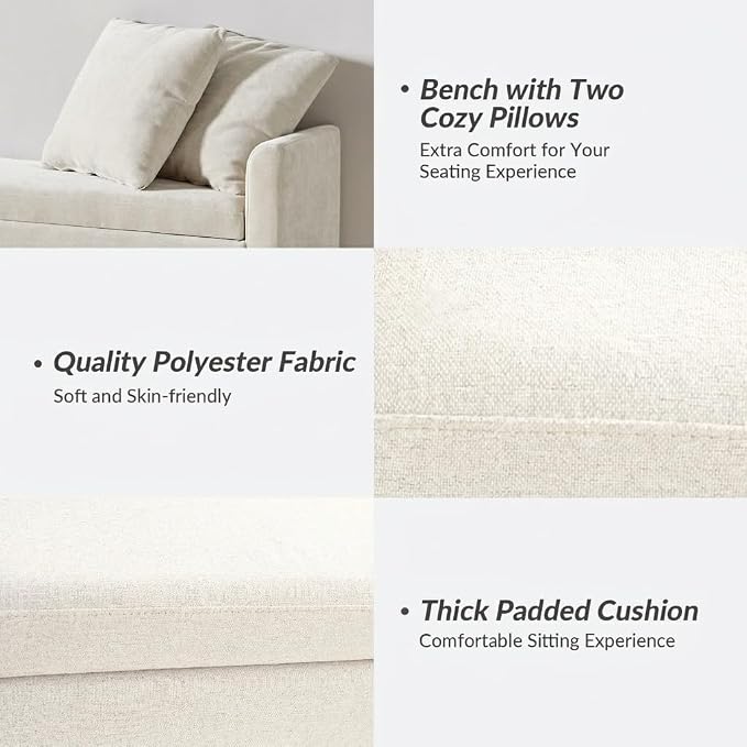 HULALA HOME 59" Storage Bench with 2 Throw Pillows, Modern Long Bedroom Bench for End of Bed, Comfy Upholstered Footstool for Entryway Living Room, Linen