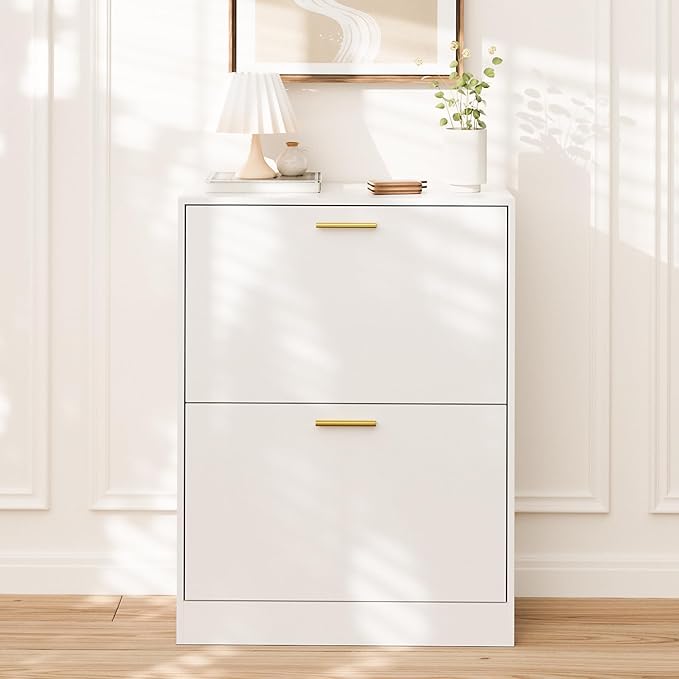 LYNSOM Shoe Cabinet, Free Standing Tipping Bucket Shoe Rack Organizer with 2 Flip Drawers, Modern Entryway Shoe Storage with Top Display, Narrow Slim Hidden Shoe Cabinet (White)