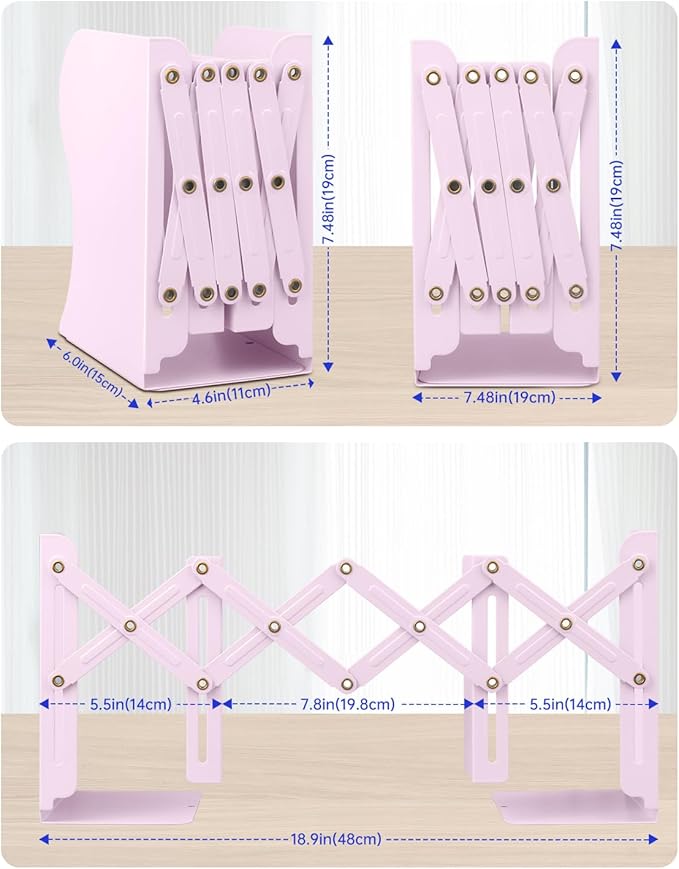 Honagu Adjustable Bookends, Metal Book Ends for Shelves Heavy Book, Desk Magazine File Organizer for Home, Office, Books, Papers, Extends up to 19 inches (Macaron Pink)