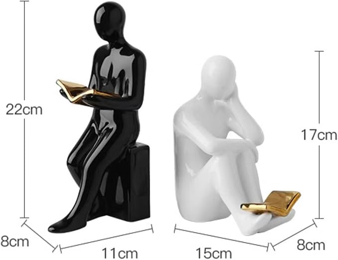 Linxia Ceramic Reading Bookends Decorative Figurine Accent Piece for Home,Office,Table and Desk Decor Stopper for Books/Movies/CDs/Video Games (1 Pair, White and Black)
