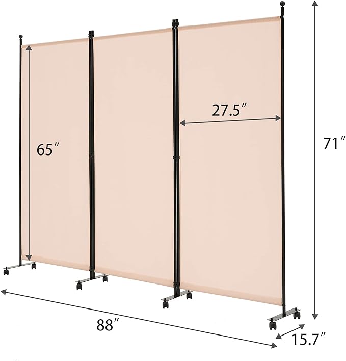Spurgehom 3 Panel Rolling Room Divider, Folding Partition Privacy Screens, Freestanding Fabric Room Panel, Portable Folding Wall Divider for Office, Room, Restaurant, Hospital (Beige)