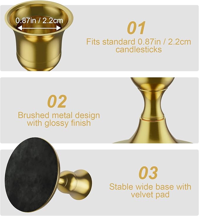 zeochyni 12 PCS Brass Gold Taper Candle Holders Set, Vintage Metal Candlestick Holders for Dinner Room Table Centerpiece or Mantel Wedding Party Decor