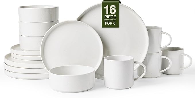 Famiware Nebula Dinnerware Sets with Mugs, Service for 4 (16 Pieces), Fine Stoneware Plates and Bowls Sets, Microwave and Dishwasher Safe Dishes Set, White