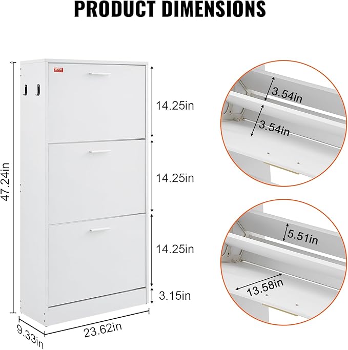 VEVOR Shoe Cabinet with 3 Flip Drawers, Shoe Storage Cabinet for Entryway, Free Standing Shoe Storage Organizer with Side Hooks for Heels, Boots, Slippers in Hallway, Living Room