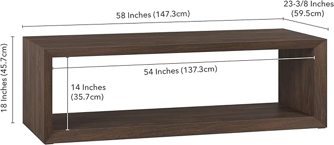 Henn&Hart 58" Rectangular Coffee Table with Open Storage Shelf for Living Room, Family Room, or Office, Rich Brown
