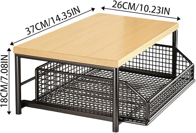 Kitchen Countertop Organizer with Drawer & Wire Basket - Sturdy Hardwood Shelf Storage, 2-Tier Shelf, Space-Saving Storagfor Coffee Maker, Microwave, Toaster & Spices (Black)
