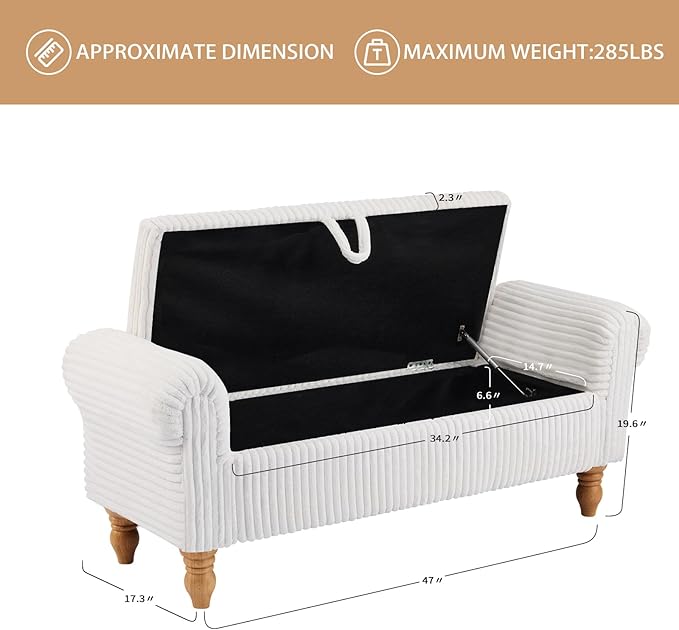 Storage Bench for Bedroom, Ottoman with Storage, Upholstered Ottomans Benches with Rolled Arms for Bedroom End of Bed, Living Room, Entryway (Corduroy/White)