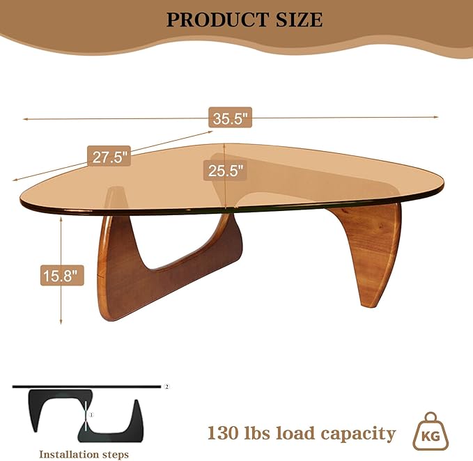 Mid Century Modern Coffee Table, 35.5″Center Table with Solid Wood Base & Triangle Tempered Glass Top, for Small Spaces/Living Room Reception/Office, Unique, Rustic