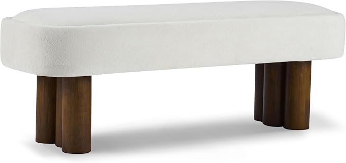 Christopher Knight Home Damas Fabric Upholstered Dining Bench, Wooden Entryway Bench, Long Sofa Footstool for Living Room, Bedroom End of Bed Bench, Milky White+Walnut