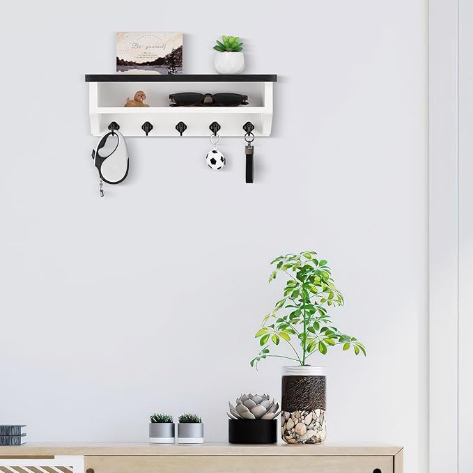 Nekon Key Holder Wall Mount, Wall Organizer Shelf with 5 Key Hooks, Room Decor for Home and Apartment Essentials, Black and White