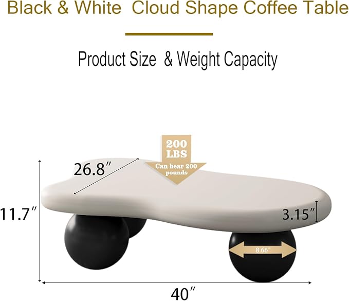 40" Cloud Coffee Table for Living Room Irregular Coffee Table Modern Low Coffee Tables Cute Small Center Table with 3 Ball Legs for Small Space Apartment White & Black