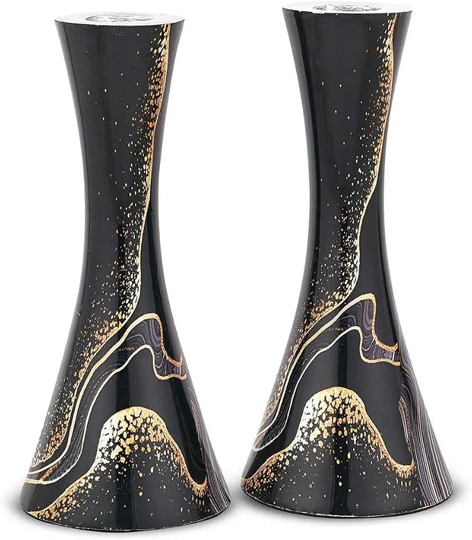 Zion Judaica Marble Decal Candle Holder Set of 2 - Black & Gold Marbleized Candlesticks 6.75" Hourglass Shape Fits 7/8" Thick Tapered/Shabbat Candles Bat Mitzvah Gift for Jewish Wedding (Black Burst)