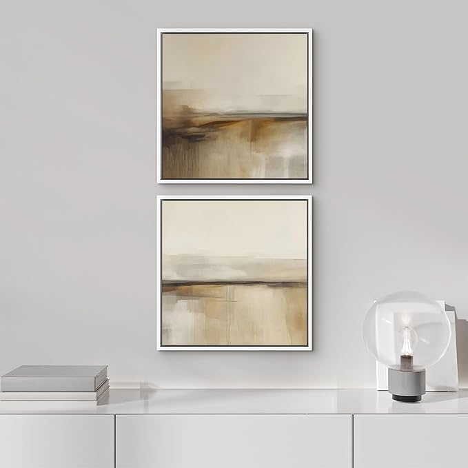 SIGNFORD Framed Canvas Print Wall Art Set Neutral Abstract Horizon Beige and Brown Illustrations Modern Art Minimal Relax/Calm for Living Room, Bedroom, Office - 24"x24"x2 White