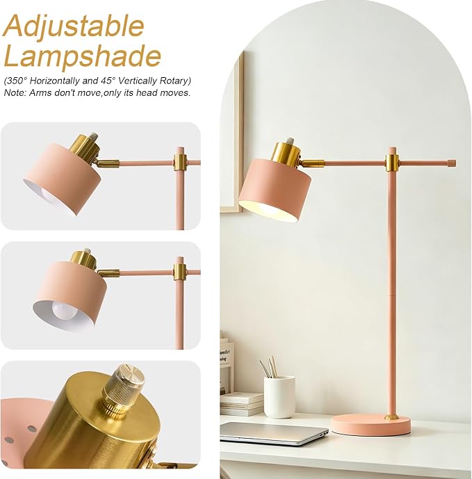 OYEARS 22.2" Modern Desk Lamp, Metal Table Lamp with LED Bulb, Adjustable Reading Lamps for Living Room, Mid Century Task Lamp for Home Office, Industrial Bedside Lamps with Solid Base, Pink