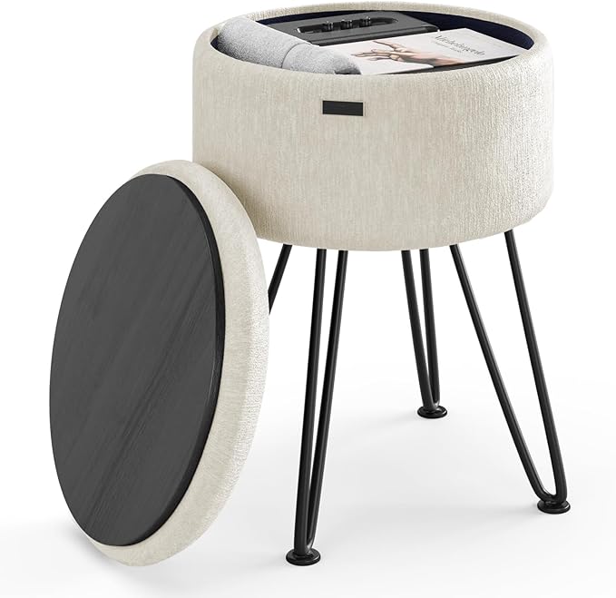 Round Ottoman with Storage, Textured Velvet Storage Ottoman, Foot Stool Ottomans, Makeup Vanity Stool, Small Ottomans Foot Rest, Modern Vanity Stools for Living Room and Bedroom, Cream