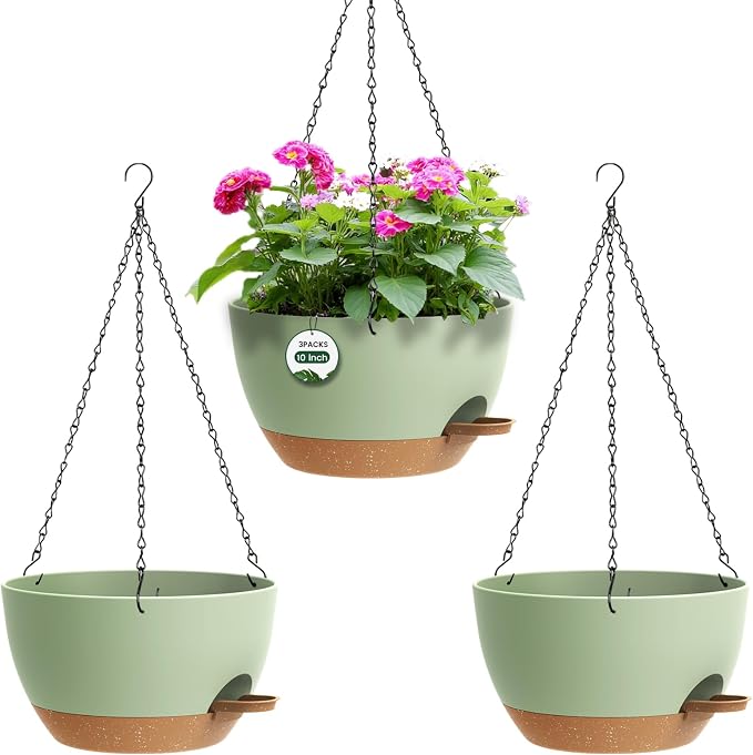 3 Pack 10 Hanging Flower Pots with Chains Self Watering Plastic Planters for Indoor Outdoor Plants, Sturdy Triangular Iron Chain Design for Garden PorchPlastic hanging flower pots (3, Green Brown)